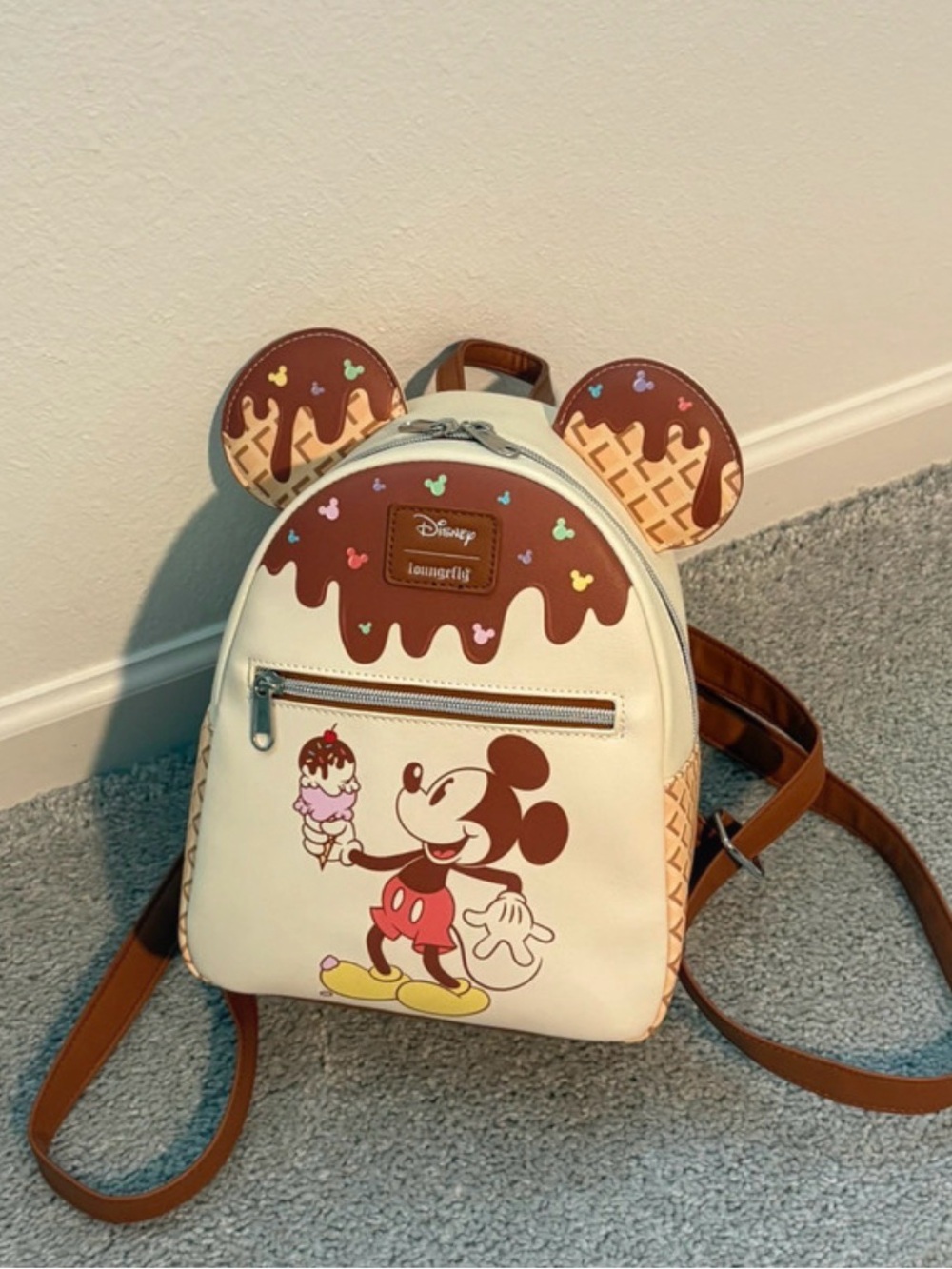 Loungefly Cream Mickey Ice Cream Mini Backpack with Brown Accents